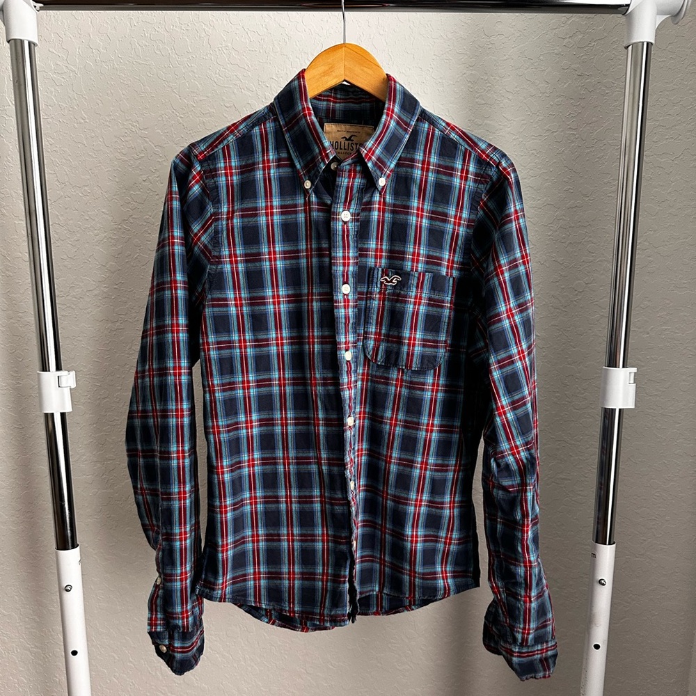 Hollister Blue and Red Casual Button Down Shirt